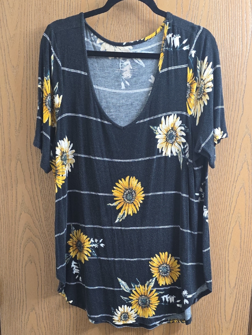 Maurices Black V-Neck Tee with Yellow Sunflower Print